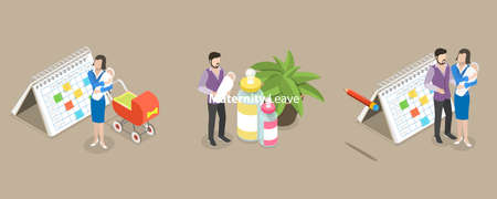 3D Isometric Flat Vector Conceptual Illustration of Maternity Leave, Gender Equality Issues in Child Upbringingのイラスト素材
