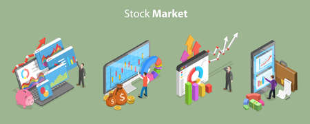 3D Isometric Flat Vector Conceptual Illustration of Stock Market, Online Trading Software Scene Setのイラスト素材
