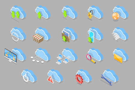 3D Isometric Flat Vector Icon Set. Cloud Technologies, Online Services and Data Processingのイラスト素材