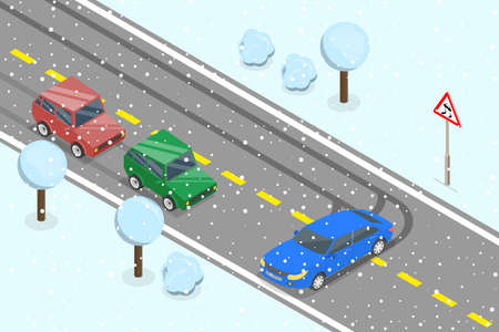 3D Isometric Flat Vector Conceptual Illustration of Slippery or Icy Road, Winter Driving Safetyのイラスト素材