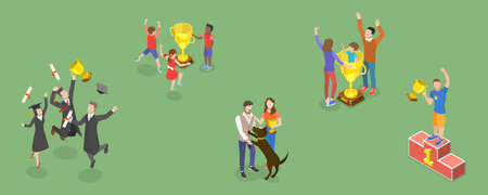 3D Isometric Flat Vector Conceptual Illustration of Set of Winners with Trophies, Successful...