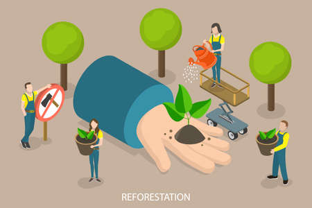3D Isometric Flat Vector Conceptual Illustration of Reforestation, Environmental Agriculture for Saving Earth Ecologyのイラスト素材