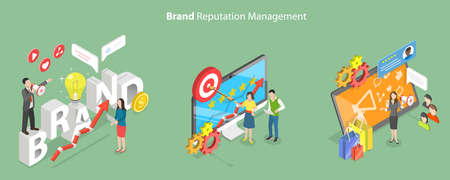 3D Isometric Flat Vector Conceptual Illustration of Brand Reputation Management, Digital Marketing Campaignのイラスト素材