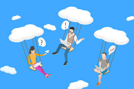 3D Isometric Flat Vector Conceptual Illustration of Remote Team Collaboration, Cloud Office and Distant Workのイラスト素材