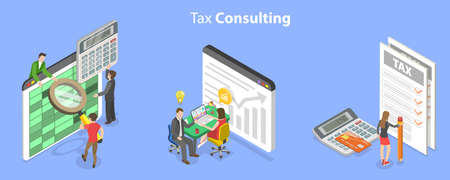 3D Isometric Flat Vector Conceptual Illustration of Tax Consulting, Financial Reporting and Auditのイラスト素材