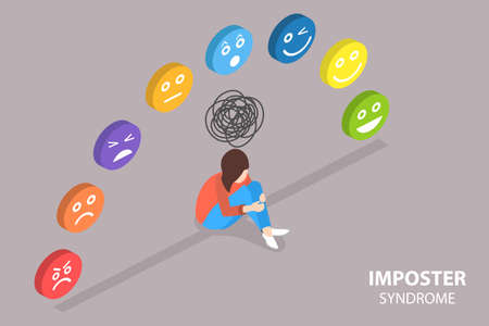 3D Isometric Flat Vector Conceptual Illustration of Imposter Syndrome, Bipolar Disorder, Fake Faces and Emotionsのイラスト素材