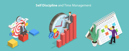 3D Isometric Flat Vector Conceptual Illustration of Self Discipline And Time Management, Effective Job Planningのイラスト素材