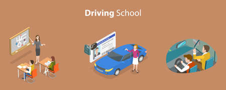 3D Isometric Flat Vector Conceptual Illustration of Driving School, Theory, Practice and Getting Licenseのイラスト素材