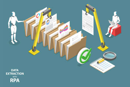 3D Isometric Flat Vector Conceptual Illustration of Data Extraction With RPA, Robotic Process Automationのイラスト素材