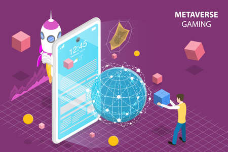 3D Isometric Flat Vector Conceptual Illustration of Metaverse Gaming, Limitless Virtual Reality Technologyのイラスト素材
