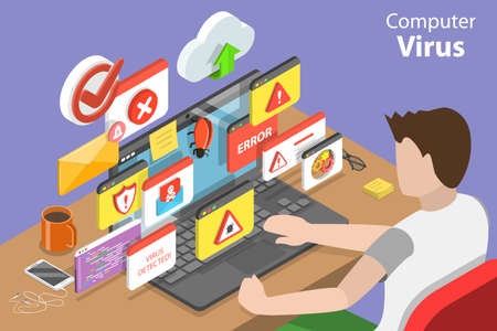 3D Isometric Flat Vector Conceptual Illustration of Computer Virus, Ransomware Cyber Attackのイラスト素材