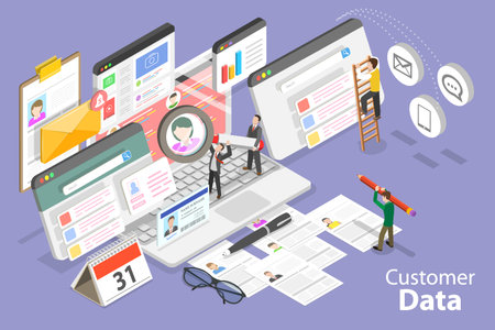 3D Isometric Flat Vector Conceptual Illustration of Customer Data, Client Database Managementのイラスト素材