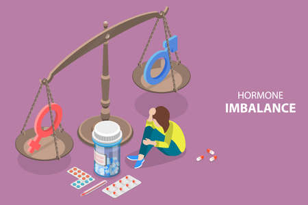 3D Isometric Flat Vector Conceptual Illustration of Hormone Imbalance, Disbalance of Testosterone and Estrogen Levelのイラスト素材