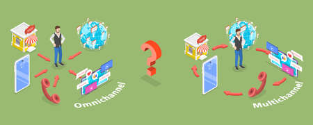 3D Isometric Flat Vector Conceptual Illustration of Omnichannel Vs Multichannel, Digital Marketing and Online Shoppingのイラスト素材