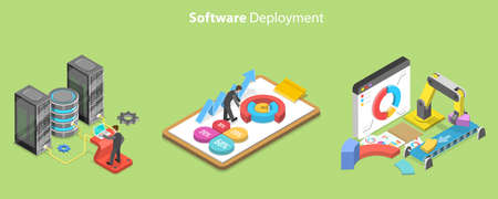 3D Isometric Flat Vector Conceptual Illustration of Software Deployment, Innovative Solutions Programming Toolsのイラスト素材