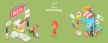 3D Isometric Flat Vector Conceptual Illustration of Online Vs Offline Advertising, Inbound Versus Outbound Marketingのイラスト素材
