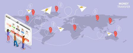 3D Isometric Flat Vector Conceptual Illustration of Money Transfer, Global Internet Bankingのイラスト素材
