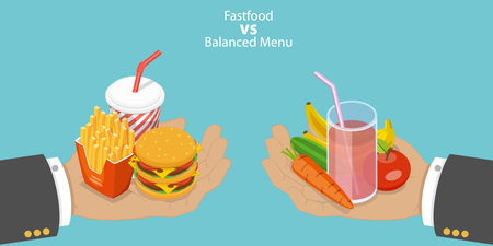 3D Isometric Flat Vector Conceptual Illustration of Fastfood Vs Balanced Menu, Healthy and Unhealthy Foodのイラスト素材