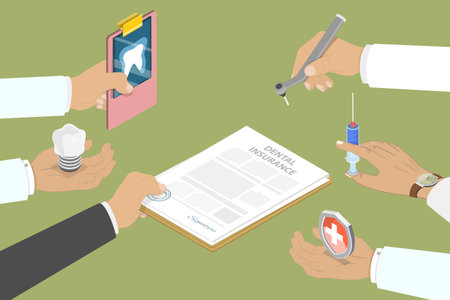 3D Isometric Flat Vector Conceptual Illustration of Dental Insurance Policy, Teeth Treatmentのイラスト素材