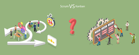 3D Isometric Flat Vector Conceptual Illustration of Scrum Vs Kanban, Software Development Methodologyのイラスト素材
