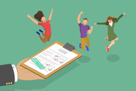3D Isometric Flat Vector Conceptual Illustration of Educational Exam Success, Happy Studentsのイラスト素材