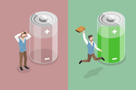 3D Isometric Flat Vector Conceptual Illustration of Energetic And Tired Businessman, Professional Burnout Syndromeのイラスト素材