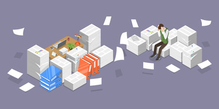 3D Isometric Flat Vector Conceptual Illustration of Time-draining Paperwork, Stress at Workのイラスト素材