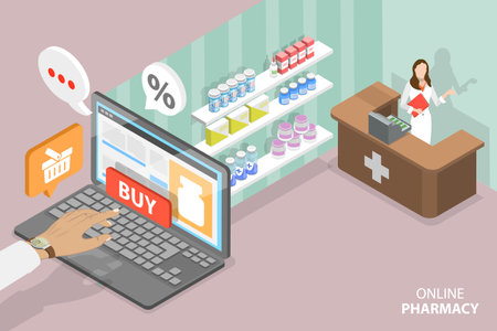 3D Isometric Flat Vector Conceptual Illustration of Digital Pharmacy Store, Online Prescription Deliveryのイラスト素材