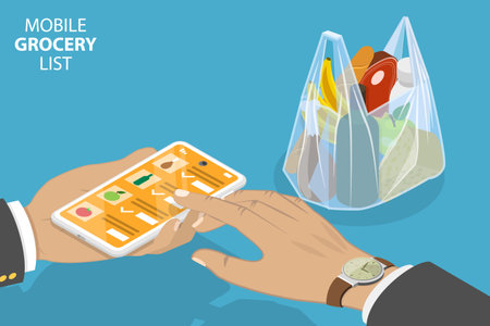 3D Isometric Flat Vector Conceptual Illustration of Mobile Grocery List, Buying Food Onlineのイラスト素材