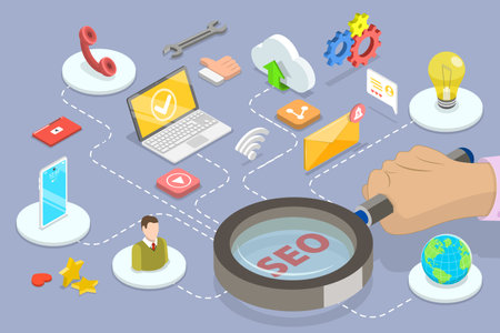 3D Isometric Flat Vector Conceptual Illustration of SEO Optimization, Web Analytics and Search Engine Rankingのイラスト素材