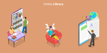 3D Isometric Flat Vector Conceptual Illustration of Online Library, E-learting and Digital Educationのイラスト素材
