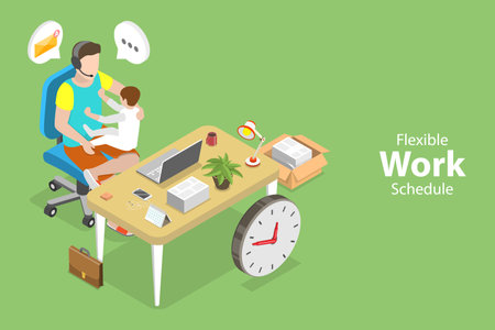 3D Isometric Flat Vector Conceptual Illustration of Flexible Work Schedule, Remote Jobのイラスト素材