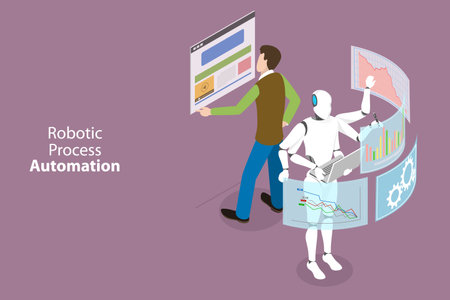 3D Isometric Flat Vector Conceptual Illustration of Robotic Process Automation, Human vs Robotのイラスト素材