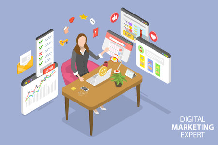 3D Isometric Flat Vector Conceptual Illustration of Digital Marketing Expert, Social Media Campaignのイラスト素材