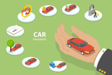 3D Isometric Flat Vector Conceptual Illustration of Car Insurance Policy, Types of Auto Insurance Coverageのイラスト素材