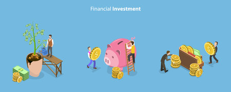 3D Isometric Flat Vector Conceptual Illustration of Financial Investment, Business Growth and Commerce Solutionsのイラスト素材