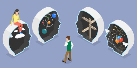 3D Isometric Flat Vector Conceptual Illustration of Diversity Of Human Minds, Personal Attitude and Lifestyleのイラスト素材