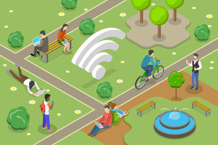 3D Isometric Flat Vector Conceptual Illustration of Free WiFi, Public Free WiFi Hotspot Zoneのイラスト素材