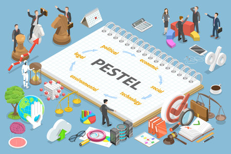 3D Isometric Flat Vector Conceptual Illustration of PESTEL Analysis Model, Education Schematic Diagramのイラスト素材
