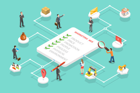 3D Isometric Flat Vector Conceptual Illustration of 7 PS Marketing Mix, Online Strategy and Managementのイラスト素材