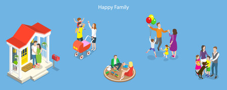 3D Isometric Flat Vector Conceptual Illustration of Happy Family Set, Playing and Enjoying Time Togetherのイラスト素材