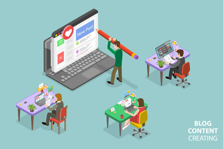 3D Isometric Flat Vector Conceptual Illustration of Blog Content Creating, Creative Writingのイラスト素材
