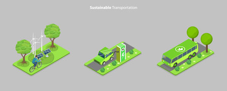 3D Isometric Flat Vector Conceptual Illustration of Sustainable Transportation, Green Eco Vehicles