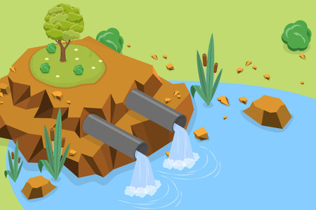 3D Isometric Flat Vector Conceptual Illustration of Wastewater Pollution, Sewage Ecological Damageのイラスト素材