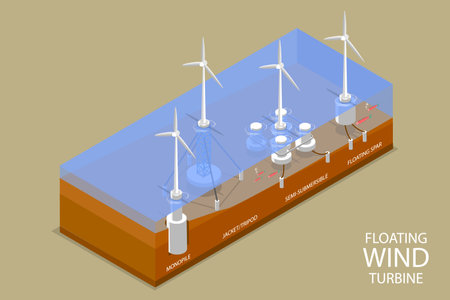 3D Isometric Flat Vector Conceptual Illustration of Offshore Wind Turbines, Substation Powerのイラスト素材