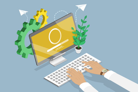 3D Isometric Flat Vector Conceptual Illustration of Ð¡omputer Update, Software Loading or Installation Processのイラスト素材