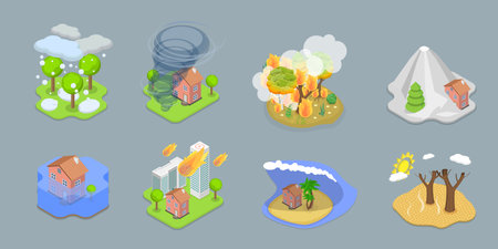 3D Isometric Flat Vector Conceptual Illustration of Climate Change, Natural Disasters Setのイラスト素材