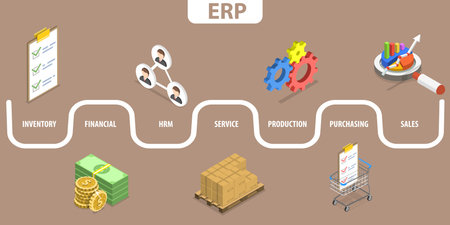 3D Isometric Flat Vector Conceptual Illustration of ERP, Enterprise Resource Planning Structure and Workflowのイラスト素材