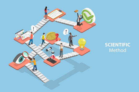3D Isometric Flat Vector Conceptual Illustration of Scientific Approach, Process of Acquiring Knowledgeのイラスト素材