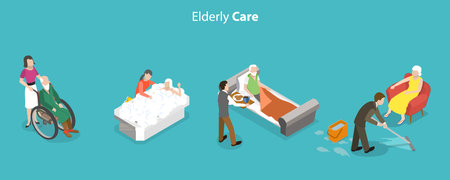 3D Isometric Flat Vector Conceptual Illustration of Elderly Care, Caregivers Assisting Seniorsのイラスト素材